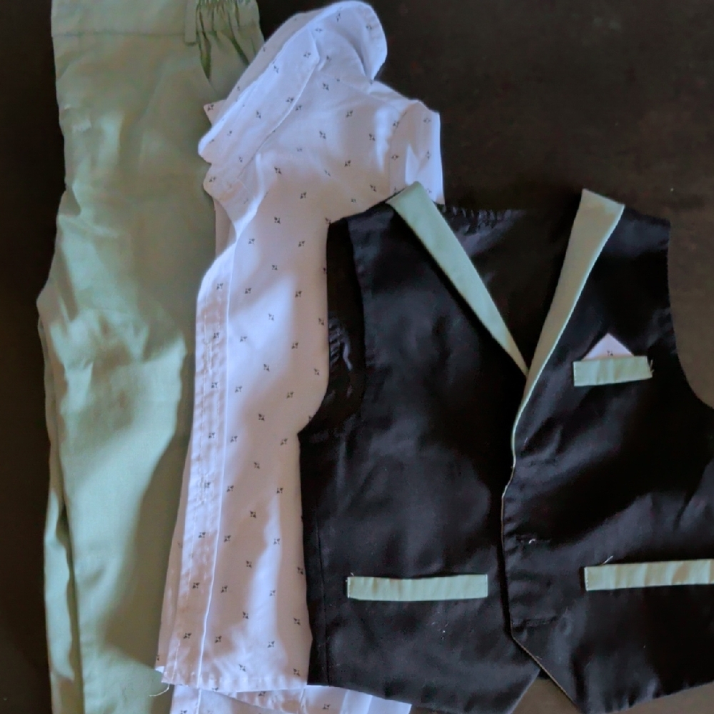 Boys Dress Outfit. Black and Mint Green Vest with White Shirt and Pants Set